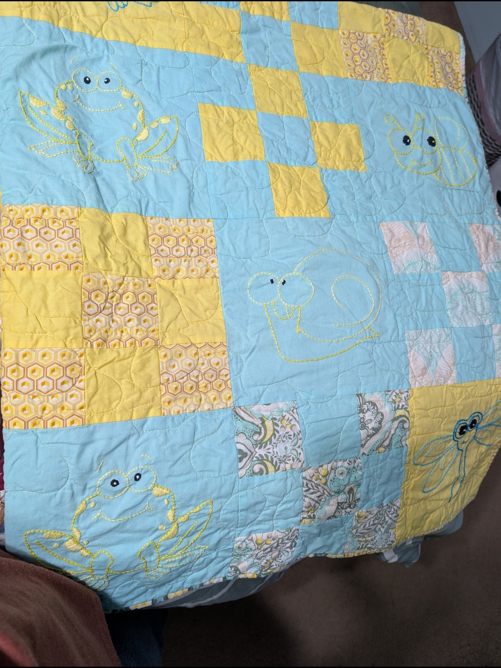 Blue and Yellow Patchwork Baby Quilt with Animal Embroidery 56x52